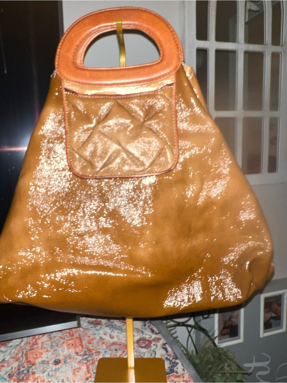 VINTAGE ELLIOT LUCCA Patent ombre Tote Bag in Tan with Quilted Front Pocket